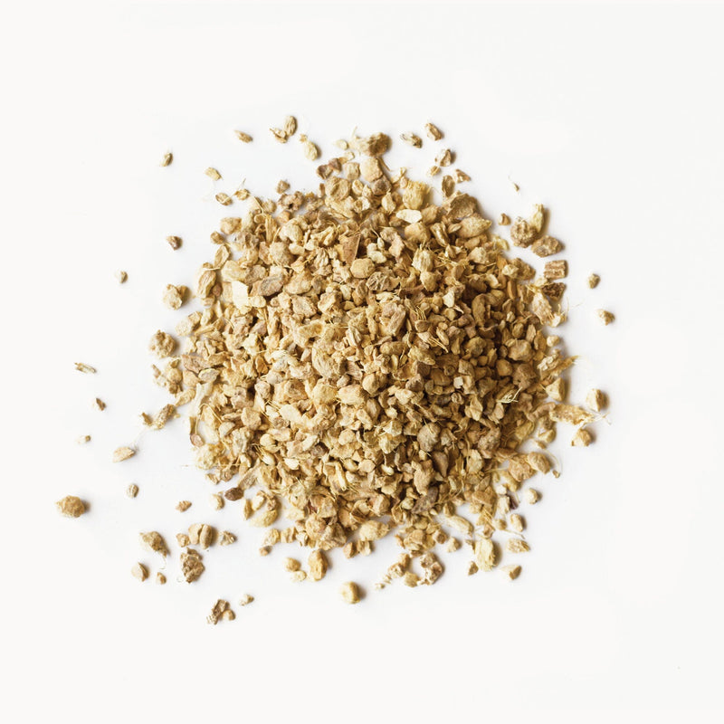A pile of Rishi Tea & Botanicals granola on a white background.