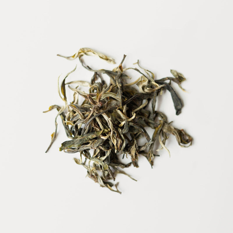 Sun-dried loose green tea leaves from Rishi Tea & Botanicals are arranged in a small pile on a plain white background.