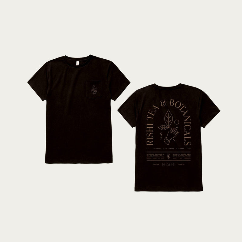 The Rishi Weekend T-Shirt - Black, by Rishi Tea & Botanicals, features a small graphic on the front pocket area and a larger design on the back that says 
